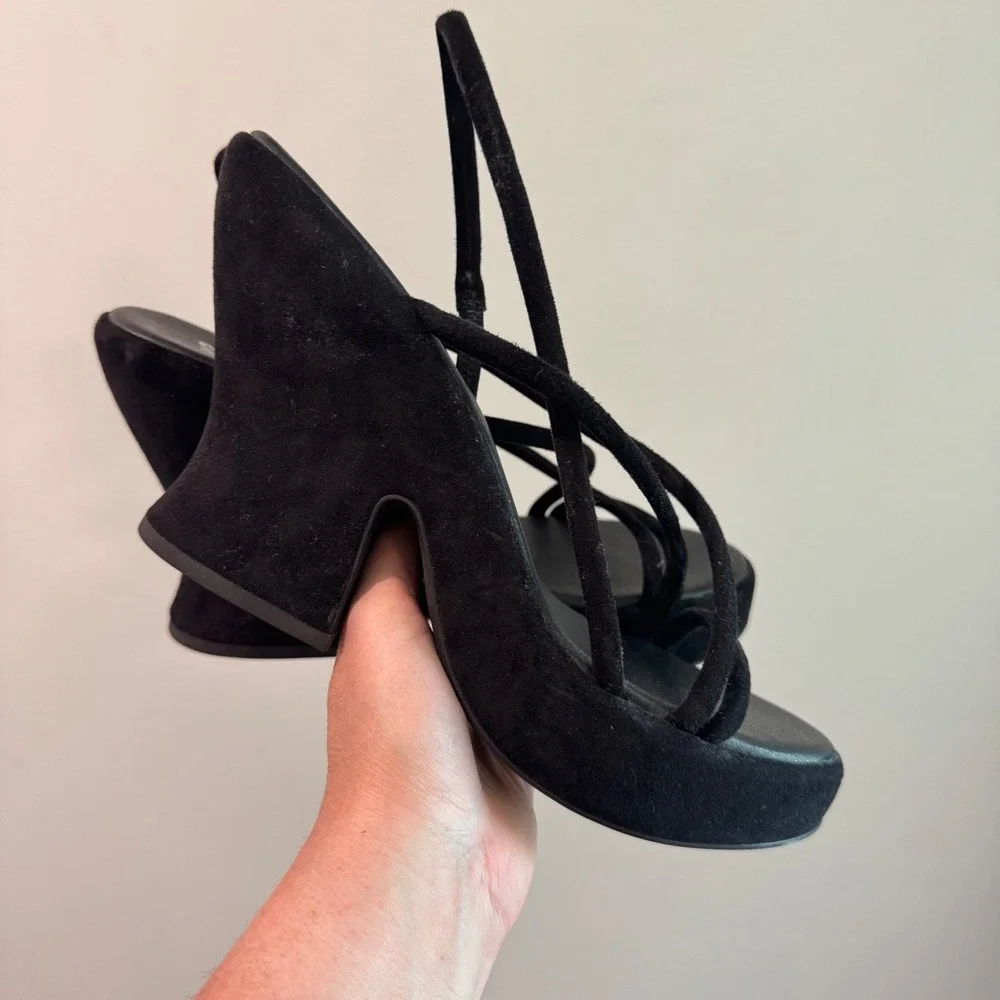 Silent D Star Black Suede Leather Strappy Platform Flared Block Heel Sandals 41